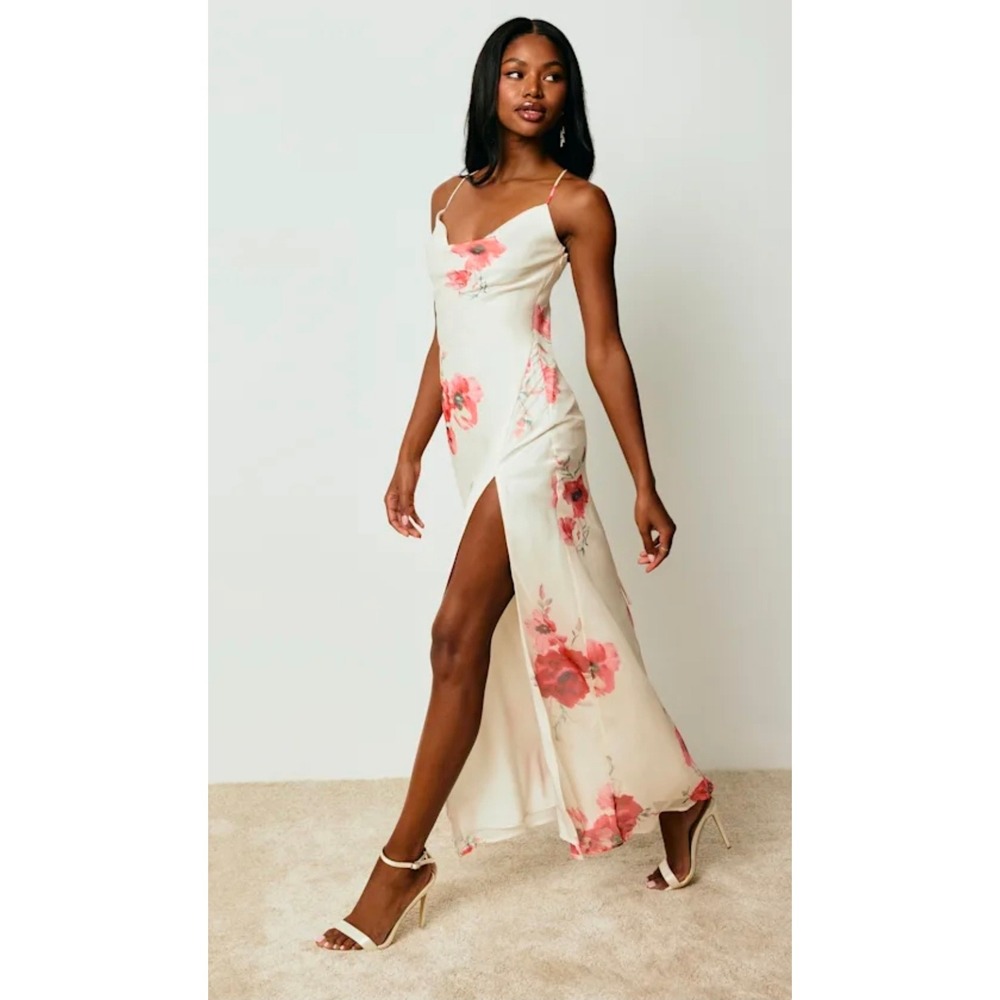 Lulus Dansy Light Beige Floral Cowl Neck Tie Back Maxi Dress Small Women